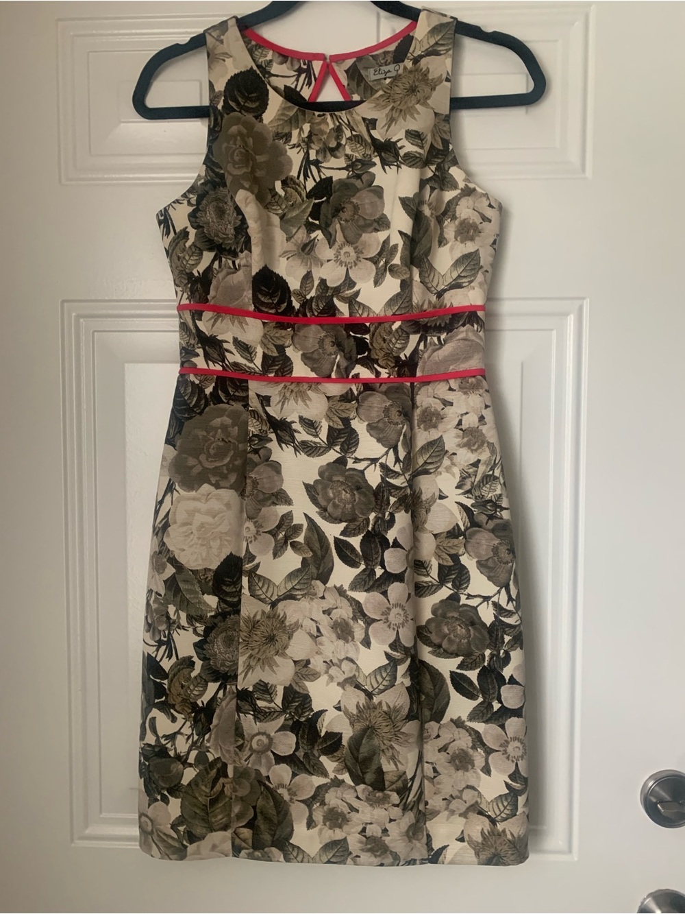 Eliza J Floral Tapestry Midi Sheath Dress with Pink Trim Size 2